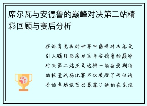 席尔瓦与安德鲁的巅峰对决第二站精彩回顾与赛后分析