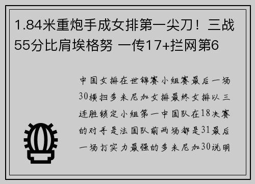 1.84米重炮手成女排第一尖刀！三战55分比肩埃格努 一传17+拦网第6